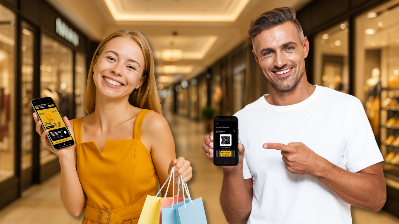 Clientes satisfeitos exibem os seus telemóveis com cartões de fidelização digitais activos, num centro comercial moderno — simbolizando a transição dos programas físicos para soluções digitais personalizadas.